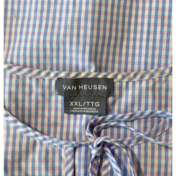 VAN HEUSEN Women SZ XXL Blue/Pink Gingham Print Basic Top Blouse Bell Sleeve - Picture 3 of 10